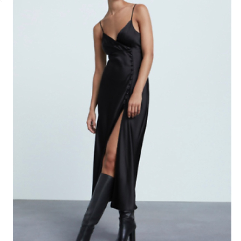 ZARA Black Satin Camisole Midi Dress